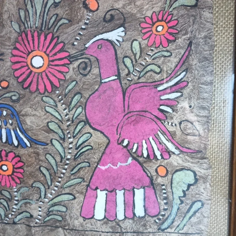 VTG Mexican Amate Bark Paper Folk Art Hand Painted Birds in Frame 18.5 x 14.5